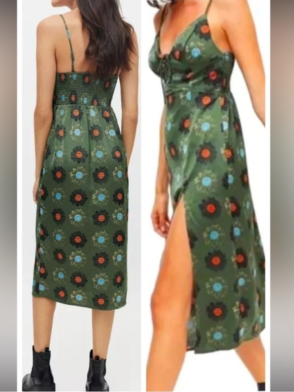 Urban Outfitters Green Floral Mariah Lace Up Midi Satin Slip Dress Size Small